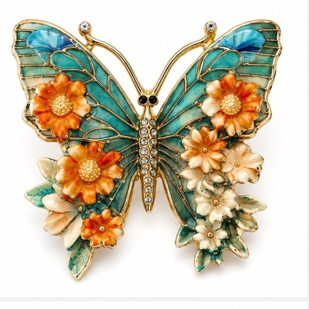 Enamel Butterfly Floral Brooch Whimsical Gold Tone Rhinestone Garden Pin